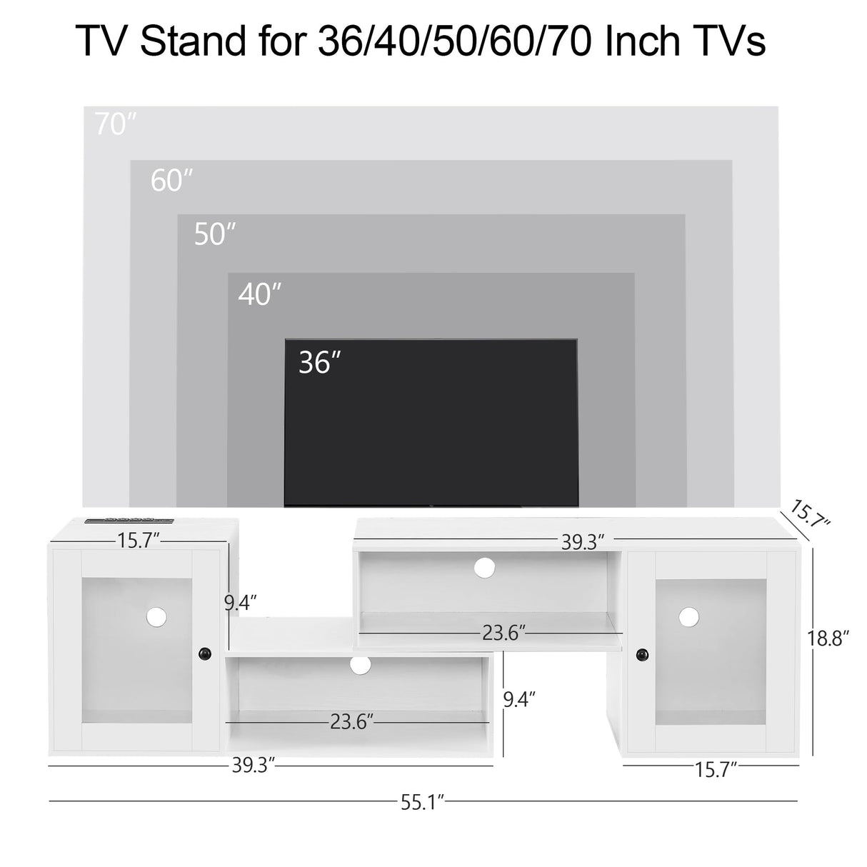 VECELO LED TV Stand for Televisions up to 70 Inchs Media Console with 23 Flashing Options and 4 Customizable Modes for Living Room, Bedroom, White VECELO