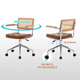 Zesthouse Modern Home Office Chair Leather Desk Chair with Natural Rattan Back, Vanity Chair for Girls Women, Upholstered Tufted Swivel Armchair, Height Adjustable Computer Task Chair Zesthouse