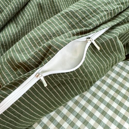 PinkMemory Green Striped Duvet Cover Queen 100% Washed Cotton Olive Green Stripes Duvet Cover Set Full 3pcs Pinstripe Pattern Bedding Set with Zipper Closure Corner Ties,Soft Breathable PinkMemory