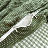 PinkMemory Green Striped Duvet Cover Queen 100% Washed Cotton Olive Green Stripes Duvet Cover Set Full 3pcs Pinstripe Pattern Bedding Set with Zipper Closure Corner Ties,Soft Breathable PinkMemory
