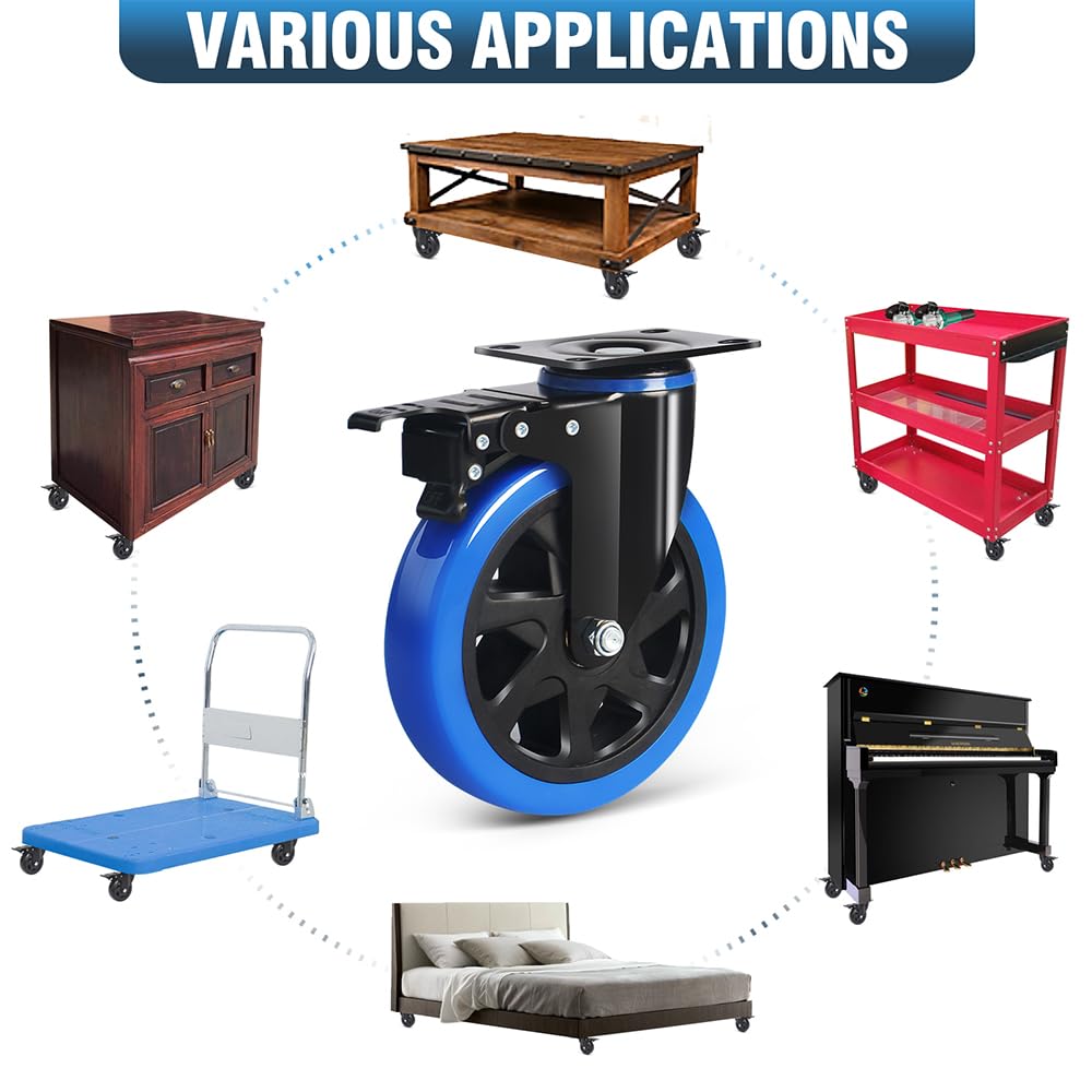 6 Inch Caster Wheels 2800lbs, Hands-Free A/B Brake Locking Casters, Heavy Duty Casters Set of 4, Silent Polyurethane Plate Castor Wheels for Cart, Furniture, Workbench(2 Hardware Kits Included) ENYKE