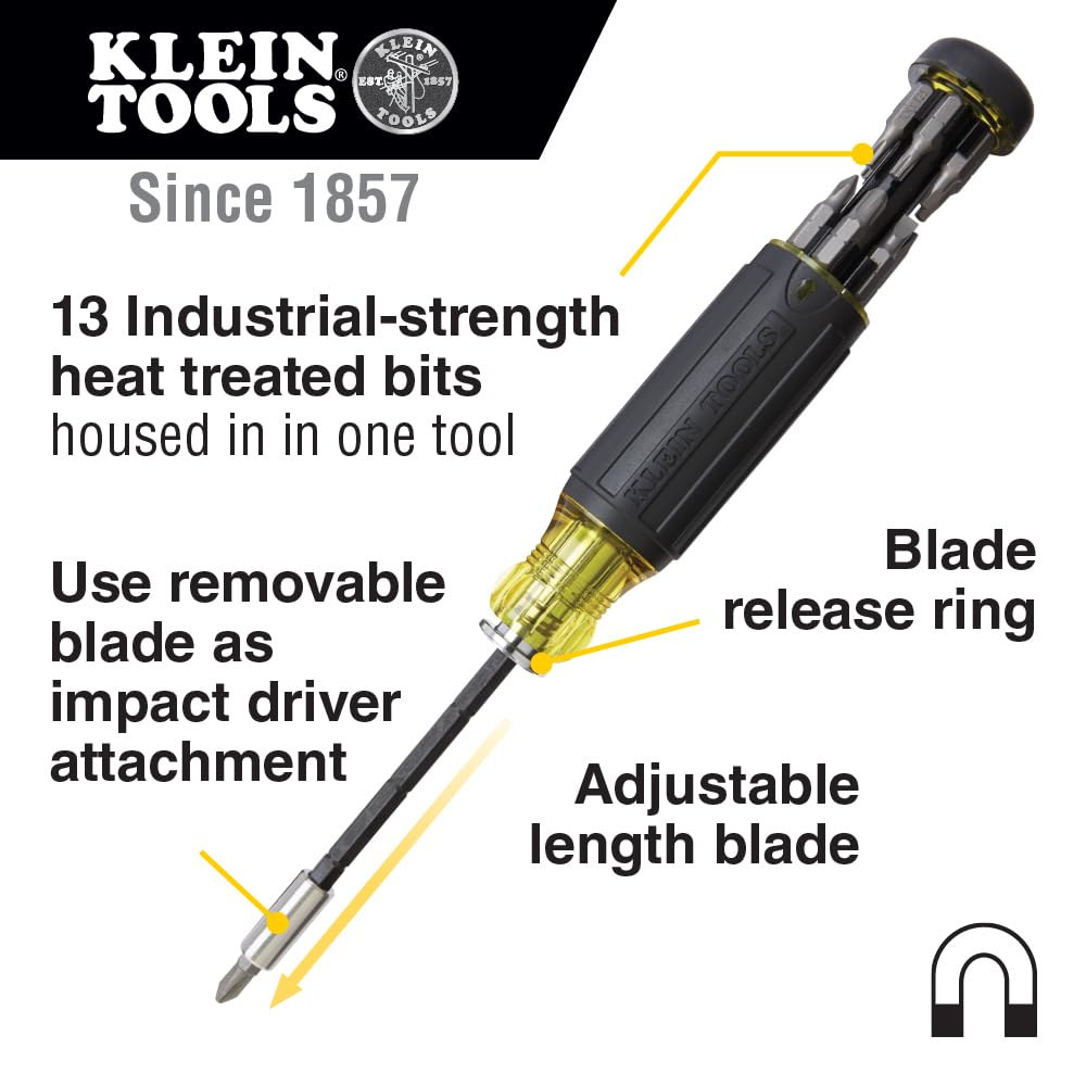 Klein Tools 32303 Multi-Bit Screwdriver / Nut Driver, Impact Rated 14-in-1 Magnetic Screwdriver Set Phillips, Slotted, Square, Combo, Torx Klein Tools