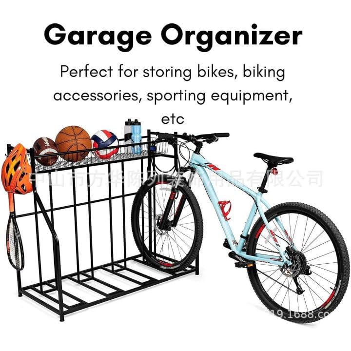 Kapler Bike Stand Rack - 4-Bicycle Floor Parking with Storage Basket & Anti-Slip Base for Garage Backyard Indoor & Outdoor Use - Fits Mountain Road & Hybrid Bikes Kapler