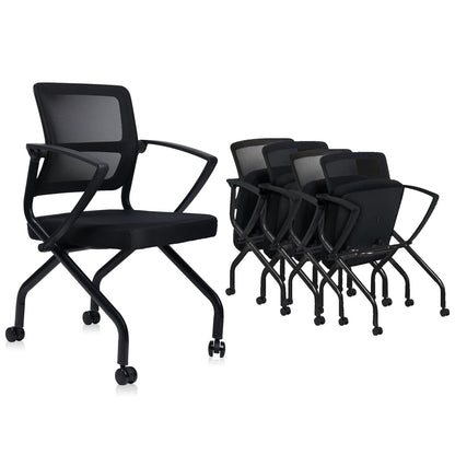 CLATINA Foldable Mesh Ergonomic Training Room Chair Guest Reception Stack Chairs with Caster Wheels and Arms for Office School Church Meeting Conference Training Waiting Room Black (Black Mes - WoodArtSupply