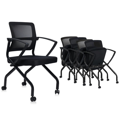 CLATINA Foldable Mesh Ergonomic Training Room Chair Guest Reception Stack Chairs with Caster Wheels and Arms for Office School Church Meeting Conference Training Waiting Room Black (Black Mesh, 1PK) CLATINA
