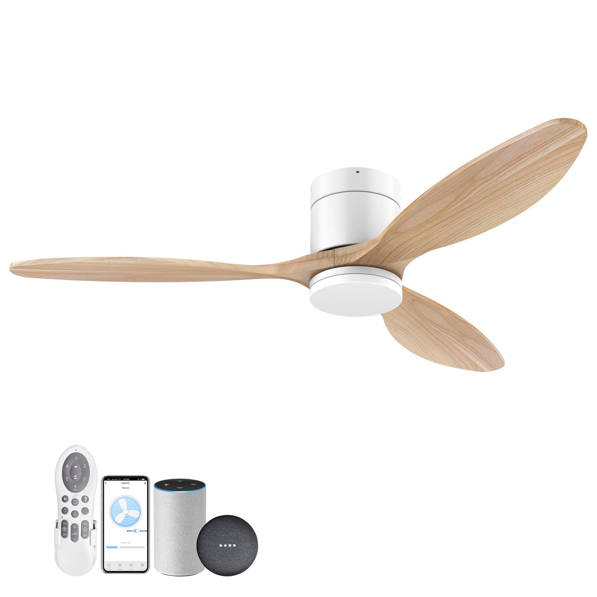 52”Smart Wood Flush Mount Ceiling Fans with Lights Remote,Quiet DC Motor,Ultra Low Profile Ceiling Fan Compatible with Alexa Google Voice App,Outdoor Indoor Modern White Ceiling Fan for Bedroom Patio cumilo