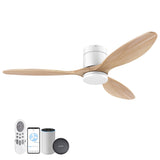 52”Smart Wood Flush Mount Ceiling Fans with Lights Remote,Quiet DC Motor,Ultra Low Profile Ceiling Fan Compatible with Alexa Google Voice App,Outdoor Indoor Modern White Ceiling Fan for Bedroom Patio cumilo