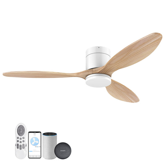 52”Smart Wood Flush Mount Ceiling Fans with Lights Remote,Quiet DC Motor,Ultra Low Profile Ceiling Fan Compatible with Alexa Google Voice App,Outdoor Indoor Modern White Ceiling Fan for Bedroom Patio