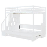 Merax Full Over Full Farmhouse Loft Bed with Murphy Cabinet Bed w/Hydraulic Lift, Solid Wood Wall Bunk Bed with Storage Staircase, Shleves & Desk/No Box Spring Needed/Easy Assemble/White Merax