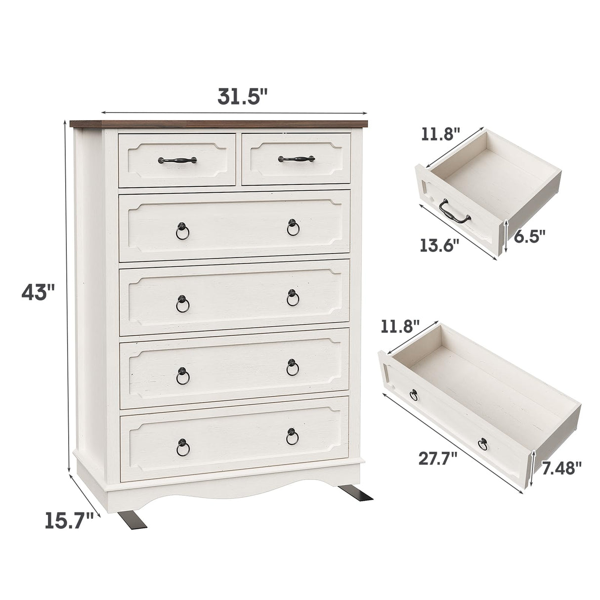 Maupvit 6 Drawer Dresser, 43" Tall Chest of Drawers for Bedroom, Farmhouse Dresser with Large Drawers & Metal Ring Pull Handles, Wood Dressers for Living Room, Hallway, Entryway, Antique White Maupvit