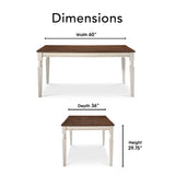 Finch Provence Farmhouse Table, Two-Toned Wood with Turned Legs, Traditional Rustic Furniture Decor for Kitchen or Dining Room, 60" Inch Tabletop, White, 60D x 35.86W x 29.72H in Finch