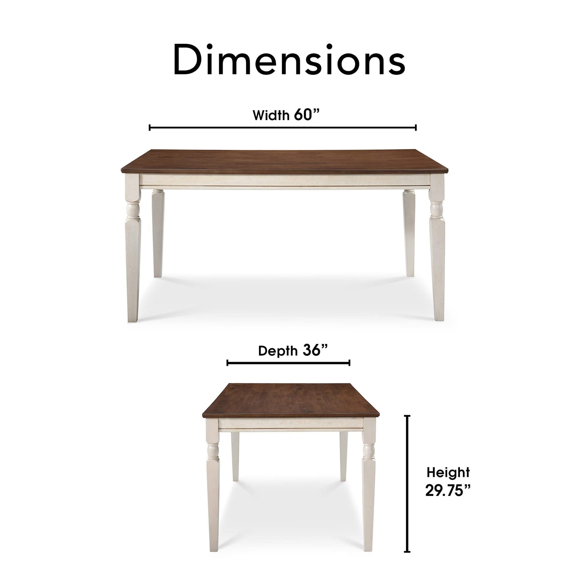 Finch Provence Farmhouse Table, Two-Toned Wood with Turned Legs, Traditional Rustic Furniture Decor for Kitchen or Dining Room, 60" Inch Tabletop, White, 60D x 35.86W x 29.72H in - WoodArtSupply