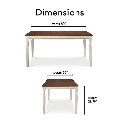 Finch Provence Farmhouse Table, Two-Toned Wood with Turned Legs, Traditional Rustic Furniture Decor for Kitchen or Dining Room, 60" Inch Tabletop, White, 60D x 35.86W x 29.72H in - WoodArtSupply