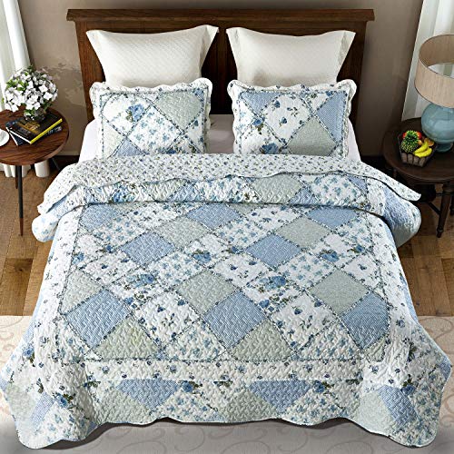 VIVILINEN Blue Floral Patchwork Quilt Set King Size Reversible Quilted Bedding Set with 2 Pillowcases VIVILINEN