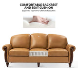 HULALA HOME Genuine Leather Sofa 3-Seater Couch Traditional Living Room Sofa with Carved Solid Wood Legs, Camel HULALA HOME
