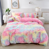 PERFEMET Pink Faux Fur Fluffy Comforter Twin 3-Piece Colorful Rainbow Plush Shaggy Bedding Sets for Girls Tie Dye Fuzzy Furry Comforter Set(Pink, Twin) PERFEMET