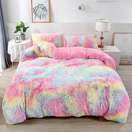 PERFEMET Pink Faux Fur Fluffy Comforter Twin 3-Piece Colorful Rainbow Plush Shaggy Bedding Sets for Girls Tie Dye Fuzzy Furry Comforter Set(Pink, Twin) PERFEMET