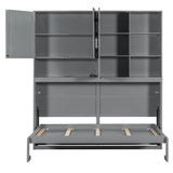 SOFTSEA Twin Horizontal Murphy Bed with Storage Shelves, Foldable Wall Bed with LED Light & Charging Stations, Space-Saving for Living Room, Guest Room, Bedroom, Office, Grey SOFTSEA