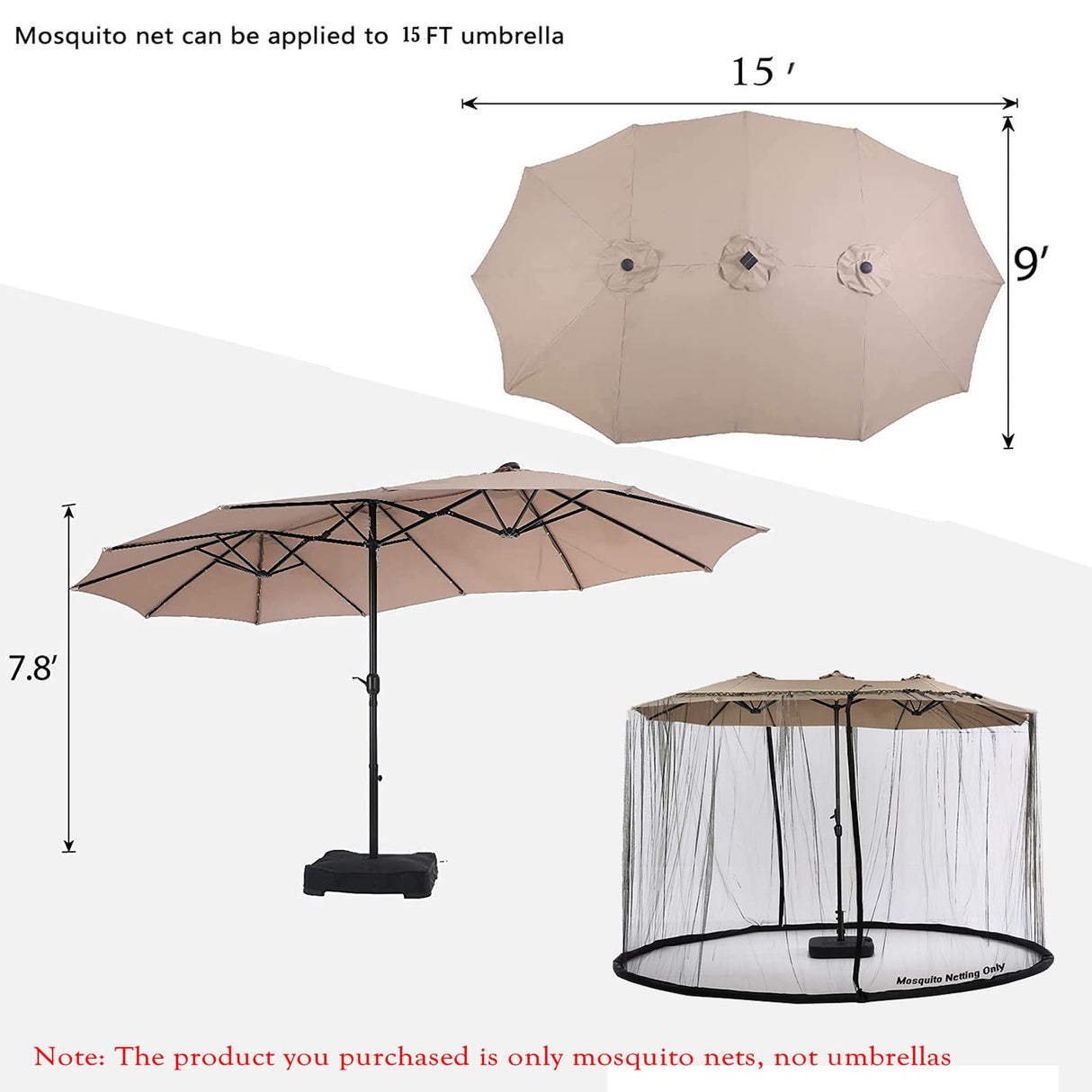 Tiimmgaal 15FT Mosquito Netting for Patio Umbrella Double Sided Patio Umbrella Canopy Netting &10X10 Ft gazebo (Black)(Does Not Contain Gazebo Patio Umbrella) (15FT Black) Tiimmgaal