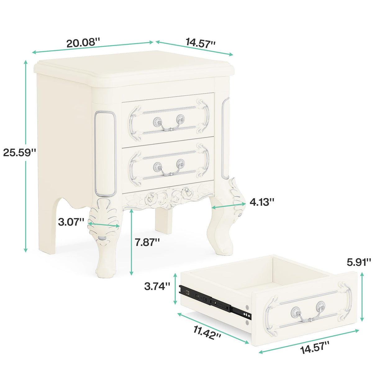 Tribesigns White Nightstand, End Table with 2 Drawers, Carved Bedside Tables, Side Table for Bedroom, Living Room, Classic Bedroom Furniture, Night Stand Tribesigns