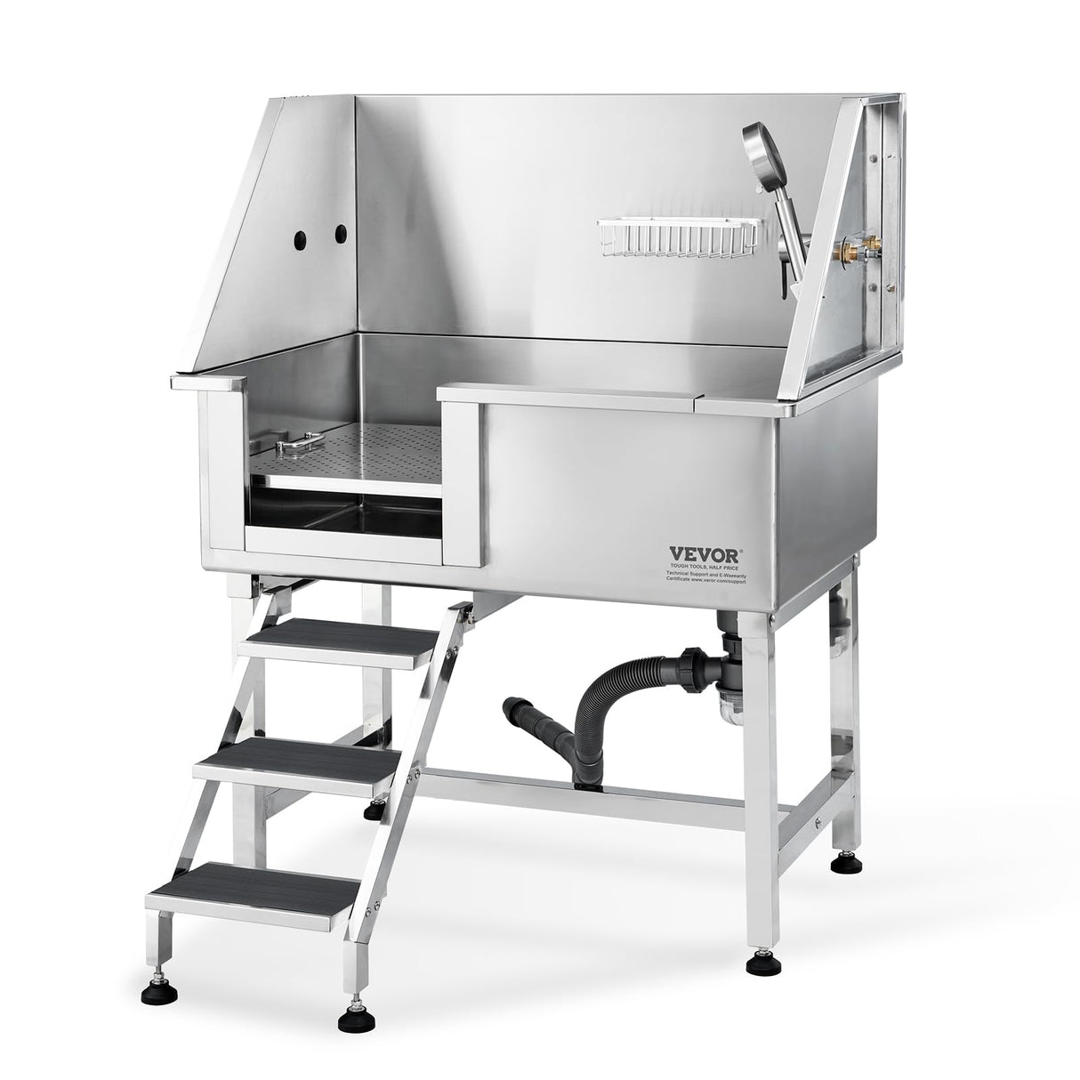 VEVOR 38" Pet Dog Bathing Station w/Ramp, Professional Stainless Steel Dog Grooming Tub w/Storage Drawer, Floor Grate, Faucet, Dog Bathtub for Large,Medium,Small Pets, Washing Sink for Home(Left) VEVOR