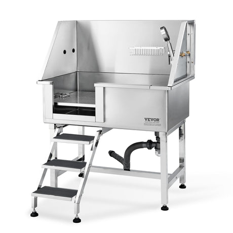 VEVOR 38" Pet Dog Bathing Station w/Ramp, Professional Stainless Steel Dog Grooming Tub w/Storage Drawer, Floor Grate, Faucet, Dog Bathtub for Large,Medium,Small Pets, Washing Sink for Home(Left) VEVOR