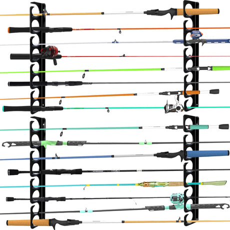 Wall or Ceiling Fishing Rod Storage Rack Vertical Horizontal Holder with 16 Capacity Fishing Rods Reels Mounted Roof Carrier Hooks Hanger for Garage Cabin and Basement Gear Accessories HangEase