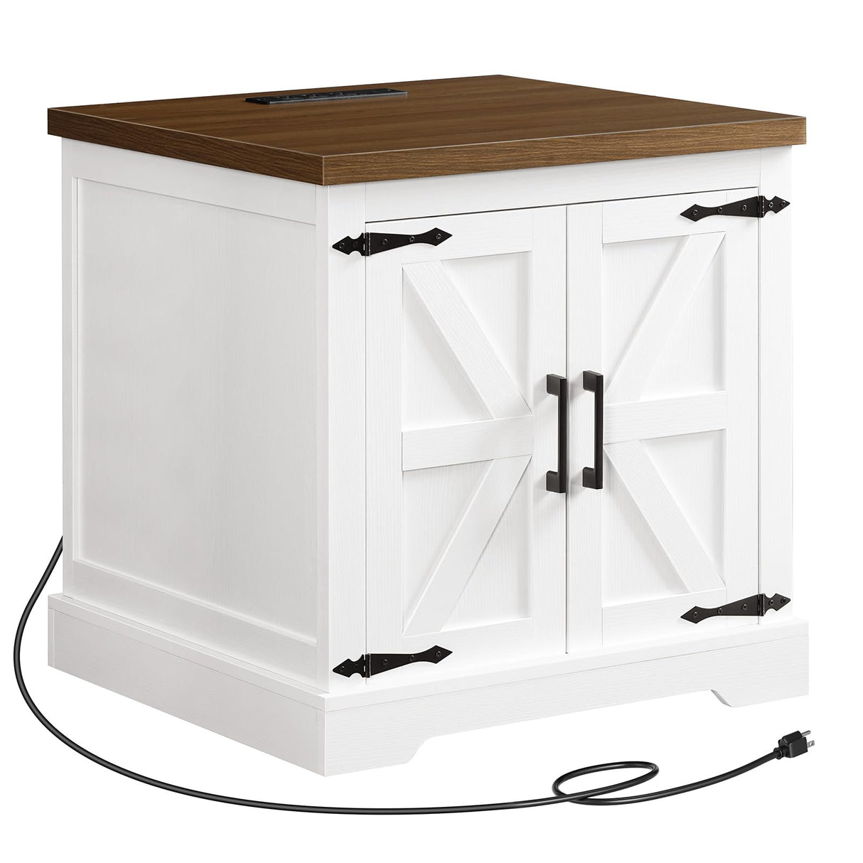 MAHANCRIS Farmhouse Nightstand with Charging Station, 24" Large End Table with Barn Door and Adjustable Storage Shelf, Square White Nightstand, Rustic Bedside Table for Bedroom, Living Room MAHANCRIS