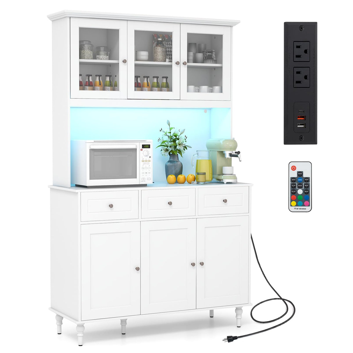 Giantex 77” Large Pantry Cabinet, Kitchen Buffet Hutch w/LED Lights 20 Colors, Outlet, 3 Drawers, Microwave Countertop, Freestanding Cupboard with 4 Adjustable Shelves & Tempered Glass Doors (White) Giantex