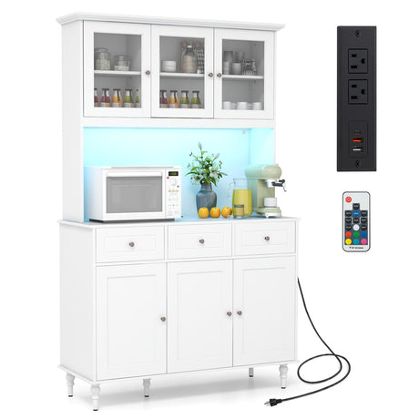 Giantex 77” Large Pantry Cabinet, Kitchen Buffet Hutch w/LED Lights 20 Colors, Outlet, 3 Drawers, Microwave Countertop, Freestanding Cupboard with 4 Adjustable Shelves & Tempered Glass Doors (White) Giantex