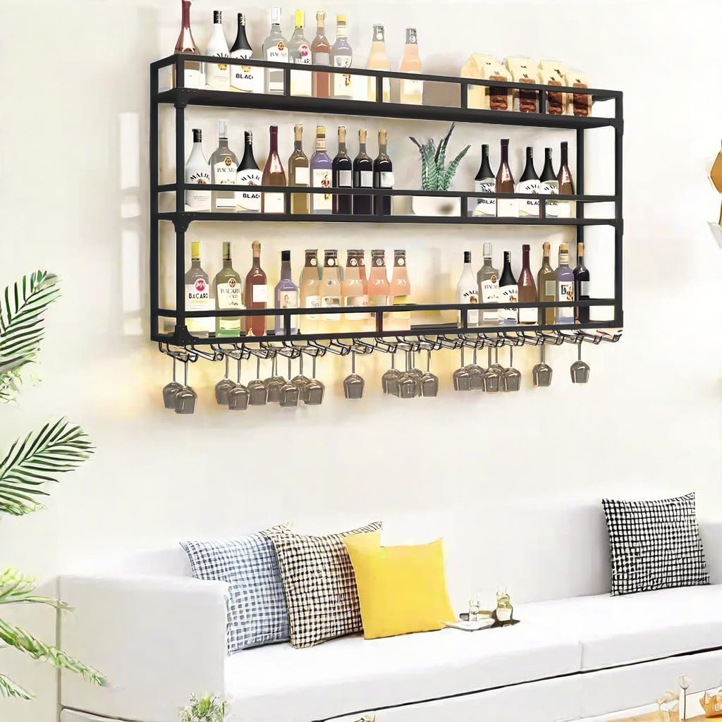 HFTUW 3-Tier Wall Mounted Wine Rack with LED Light, Stylish Wall Bar Shelves for Liquor Bottles & Hanging Glasses, Bar Shelves Wall Mounted for Kitchen, Dining Room & Home Bar(Black, 80cm/31in) HFTUW