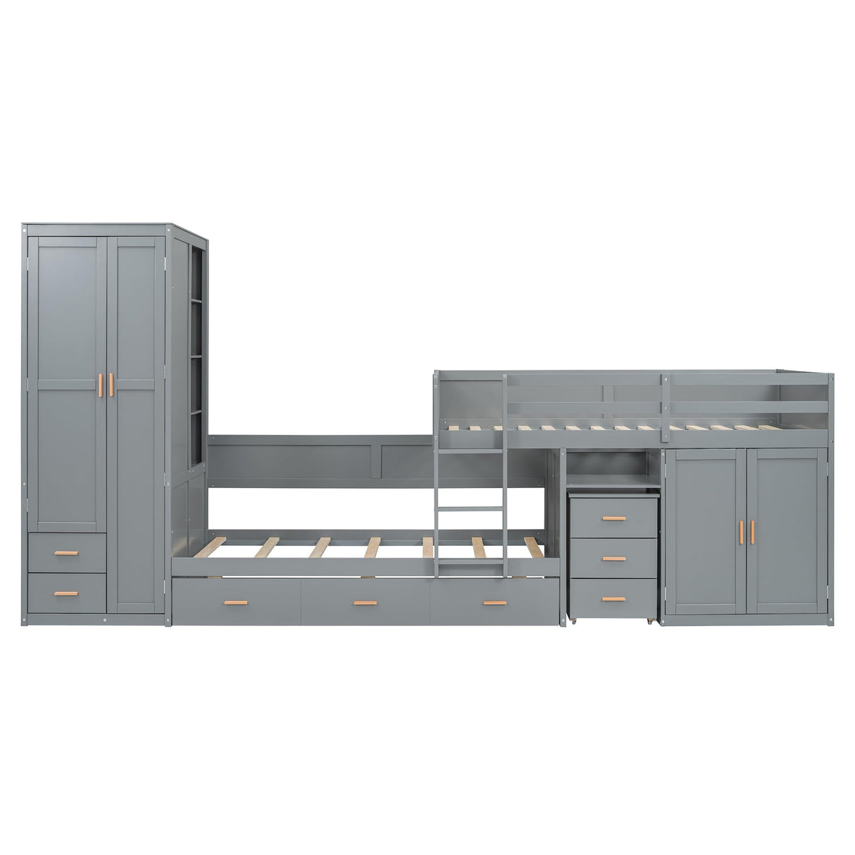 YOPTO Twin Size Bunk Bed with Trundle,Wardrobe,Desk,2 Cabinets and 5 Drawers,Multifunctional Wood Bed Frame W/Integrated Ladder,Safety Guardrails & Slats Support,Easy Assembly,for Kids,Teens,Gray YOPTO