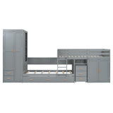 YOPTO Twin Size Bunk Bed with Trundle,Wardrobe,Desk,2 Cabinets and 5 Drawers,Multifunctional Wood Bed Frame W/Integrated Ladder,Safety Guardrails & Slats Support,Easy Assembly,for Kids,Teens,Gray YOPTO