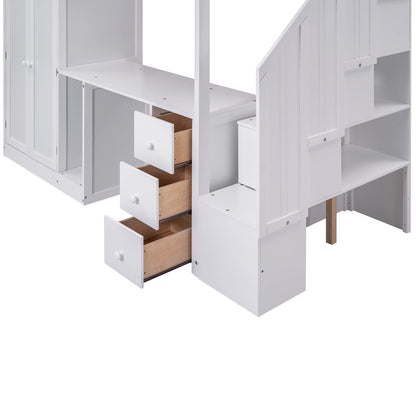 MERITLINE Twin Loft Bed with Desk, Wardrobe, and Storage Stairs - Space-Saving Design for Kids and Teens in White - WoodArtSupply