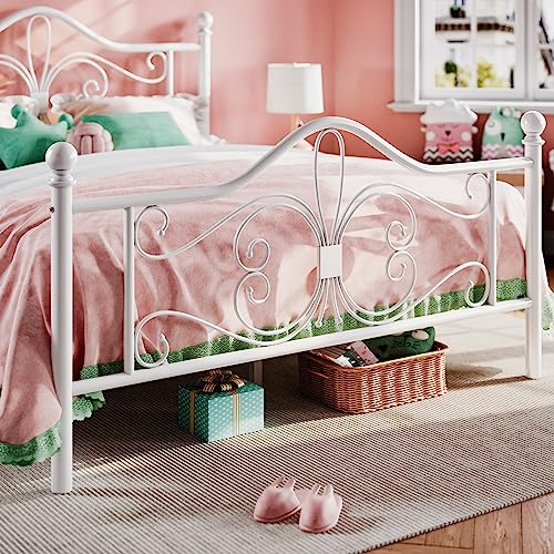 SHA CERLIN Queen Size Bed Frame with Headboard,Metal Bed Frame with Butterfly Pattern Design Headboard & Footboard,No Box Spring Needed,Easy Assembly,White SHA CERLIN