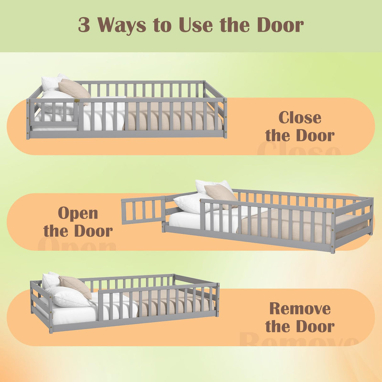 Giantex Twin Floor Bed with Door & Fence, Kids Wood Montessori Bed with Safety Guardrails, Floor Bed Frame for Kids, Boys, Girls, No Box Spring Needed, Floor Bed Twin (Grey) Giantex