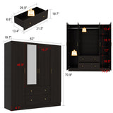 ECACAD Dark Brown Wardrobe Armoire with Mirror, 5-Tier Shelves, 2 Drawers, 2 Hanging Rods and 4 Doors, Wooden Closet Storage Cabinet for Bedroom (63”W x 19.7”D x 70.9”H) ECACAD
