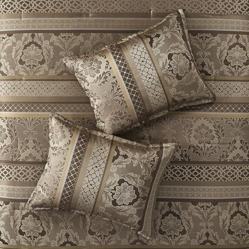 Madison Park Bellagio Cozy Comforter Set - Luxurious Jaquard Traditional Damask Design, All Season Down Alternative Bedding with Matching Shams, Decorative Pillow, Queen(90"x90"), Brown/Gold 7 Piece Madison Park