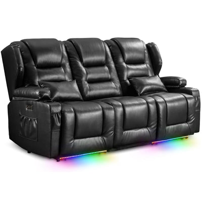 SAMERY Power Loveseat Recliner Sofa with Flip Backrest, Electric Reclining Loveseat Sofa RV Couch 3 Seater with USB Ports/Power Outlets/LED Light/Cup Holders/Pockets/Pillows for Living Room RV