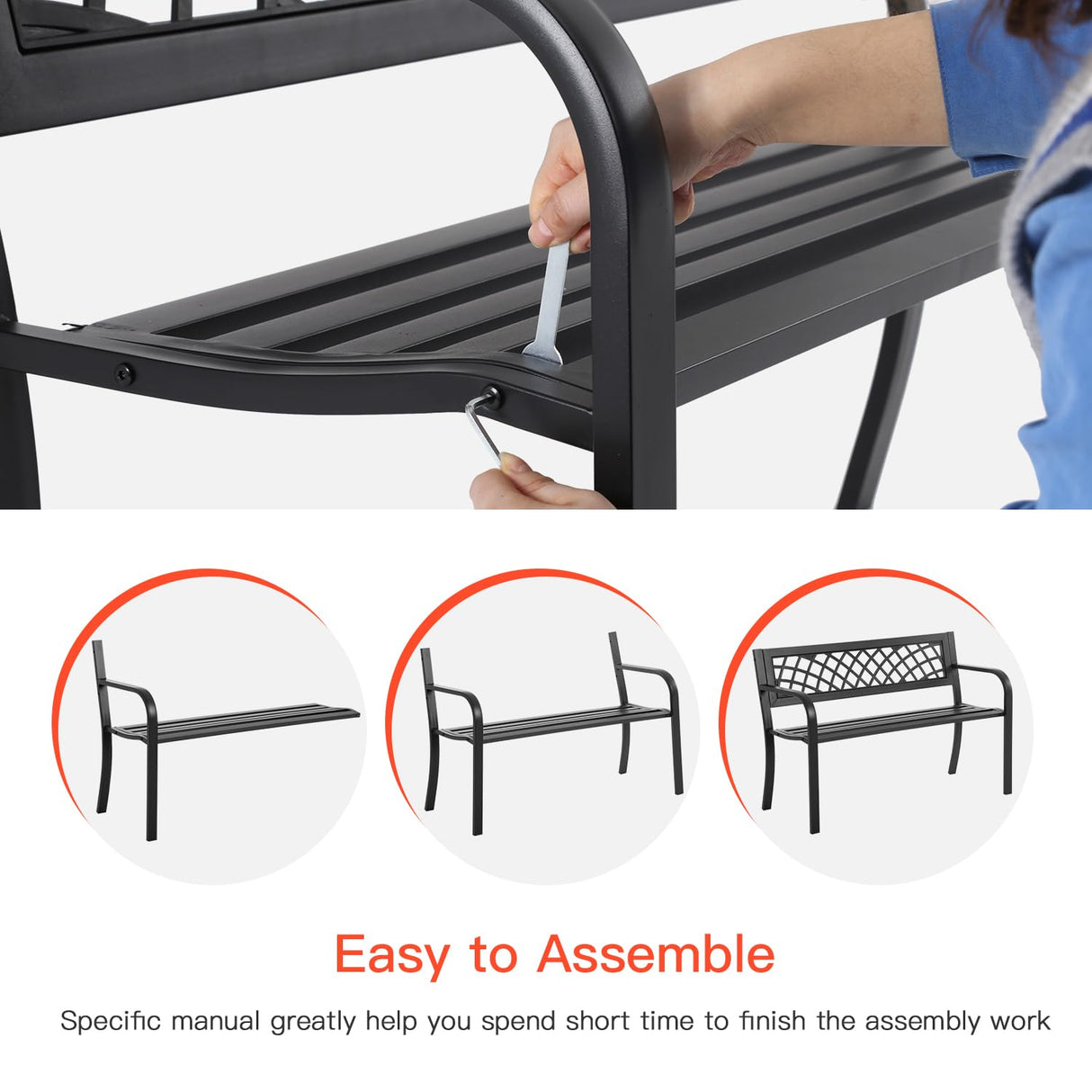 BestMassage Outdoor Garden Bench,Iron Steel Frame Patio Bench with Mesh Pattern and Plastic Backrest Armrests for Porch,Lawn,Garden,Park,Yard,Black BestMassage