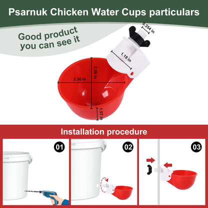 Psarnuk Chicken Waterer Cups (8 Pack/Red) - DIY Automatic Large Chicken Water Feeder for Ducks,Chicks, Turkeys, Quail, Bunny, Bird and Other Various Poultry Dispenser with Matching Drill