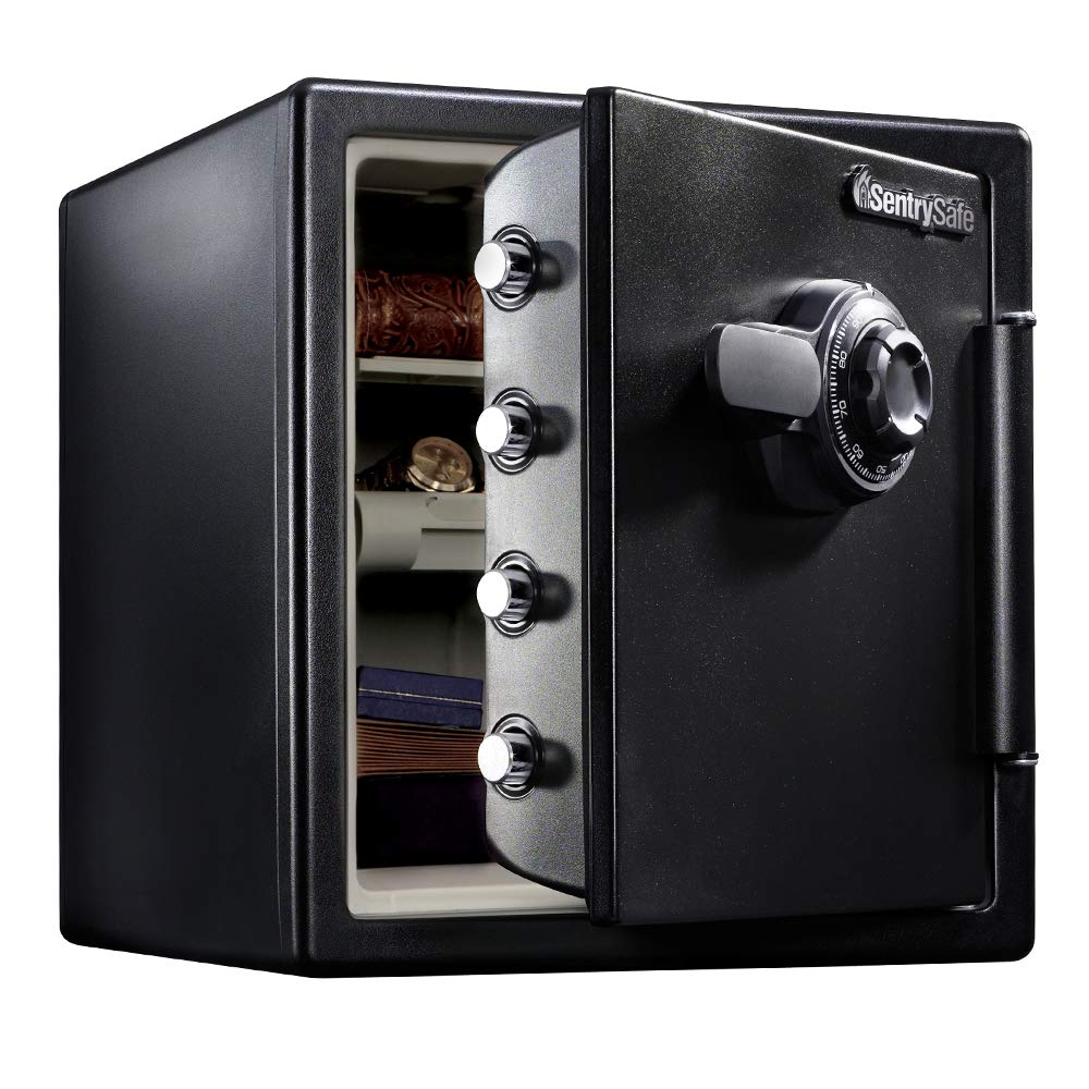 SentrySafe Fireproof and Waterproof Black Steel Home Safe with Dial Combination Lock for Cash, or Documents, 1.23 Cubic Feet, 17.8 x 16.3 x 19.3 x Inches, SFW123CU SentrySafe
