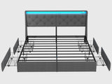 SADENICEL King Size Bed Frame with Storage Headboard, Metal Platform Bed Frame King with 4 Drawer, LED Light, Charging Station, No Box Spring Needed, Noise Free, Easy Assembly, Grey SADENICEL