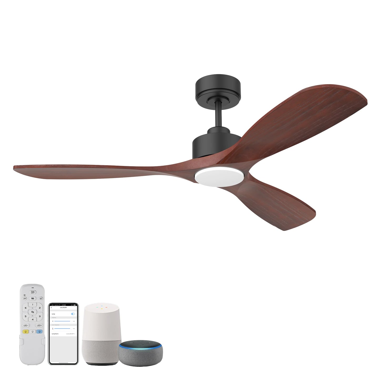 Hoenofly 52” Wood Smart Ceiling Fans with Lights Remote,Quiet DC Motor,Outdoor Indoor Ceiling Fan,Voice Control via WIFI Alexa App,Dimmable,Modern Black Lighting& Ceiling Fan for Bedroom Patio Porch