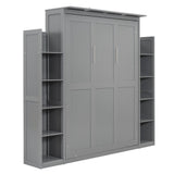 Merax Full Size Murphy Bed, Wooden Full Wall Bed with Shelves and LED Lights, Gray Merax