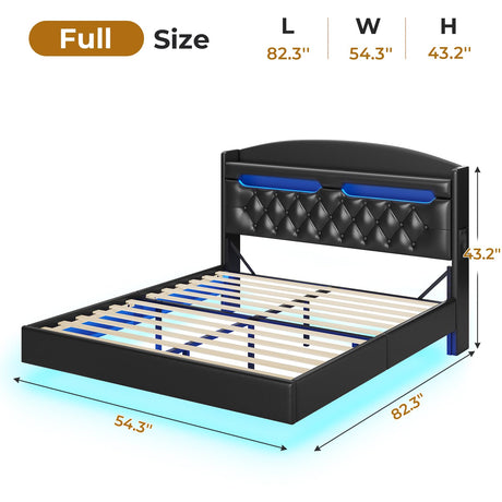BTHFST Floating Bed Frame Full Size with Type-C Charging Station & Storage Headboard, RGB Floating Platform Bed, No Box Spring Needed, Wooden Slats Support, PU Black BTHFST