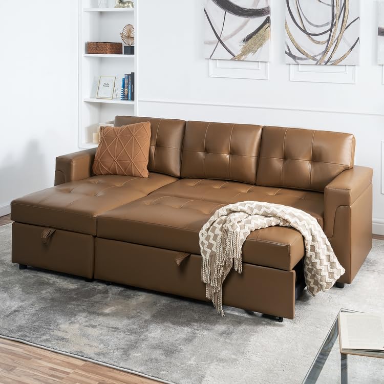 Naomi Home Jenny Sectional Sofa Sleeper with Storage Chaise, Tufted Pull Out Couch with Storage, Sectional Sofa Bed, L-Shaped Reversible Sleeper Sofa with Storage, Mocha,Air Leather