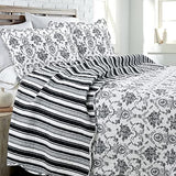 Cozy Line Home Fashions French Medallion Black White Grey Rose Flower Pattern Printed 100% Cotton Bedding Quilt Set Reversible Coverlet Bedspread (Black White, Queen - 3 Piece) Cozy Line Home Fashions