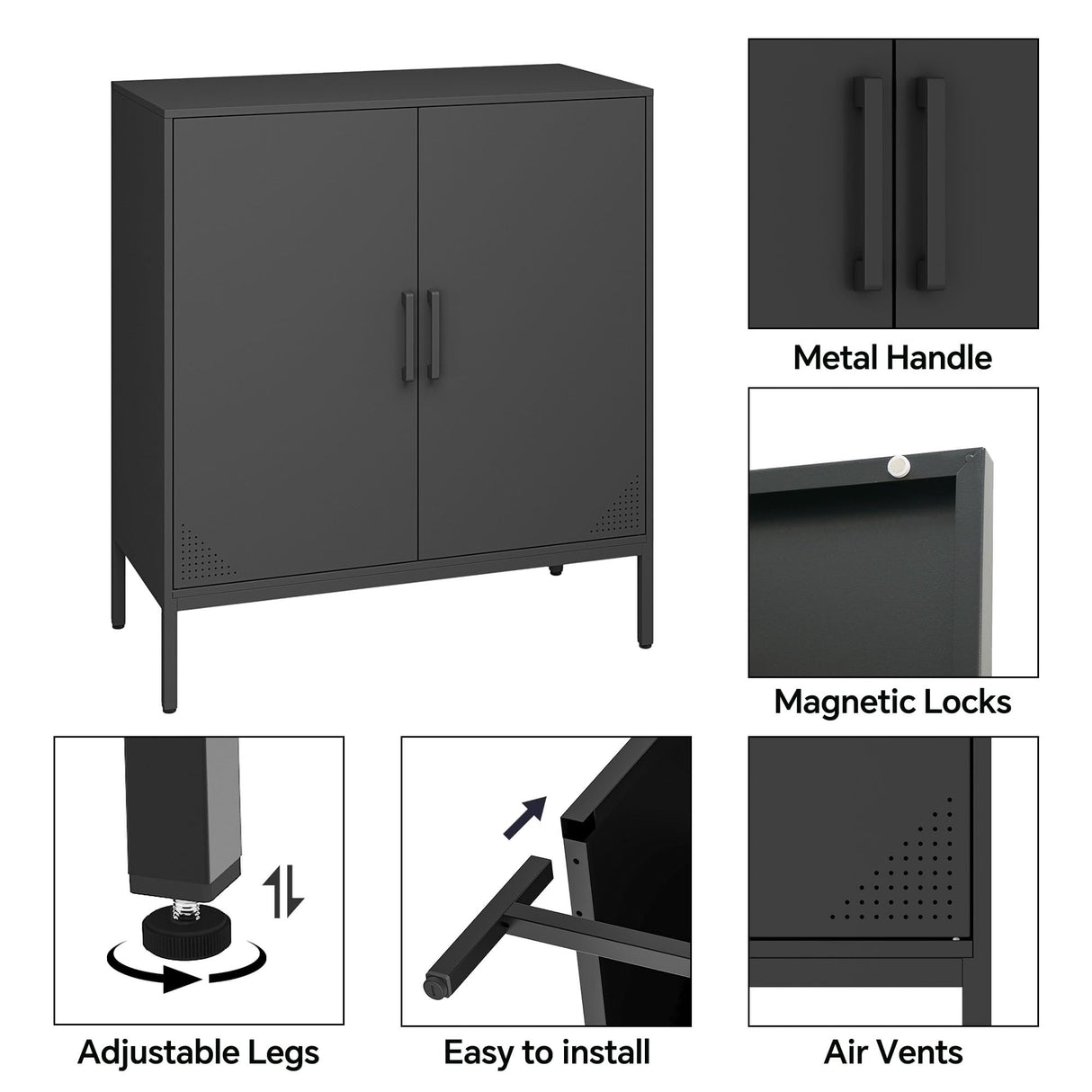 Steehoom Metal Storage Cabinet with Adjustable Shelves, Steel Buffet Sideboard for Entryway, Living Room, Dining Room, Kitchen, Office, Bar (Black) Steehoom