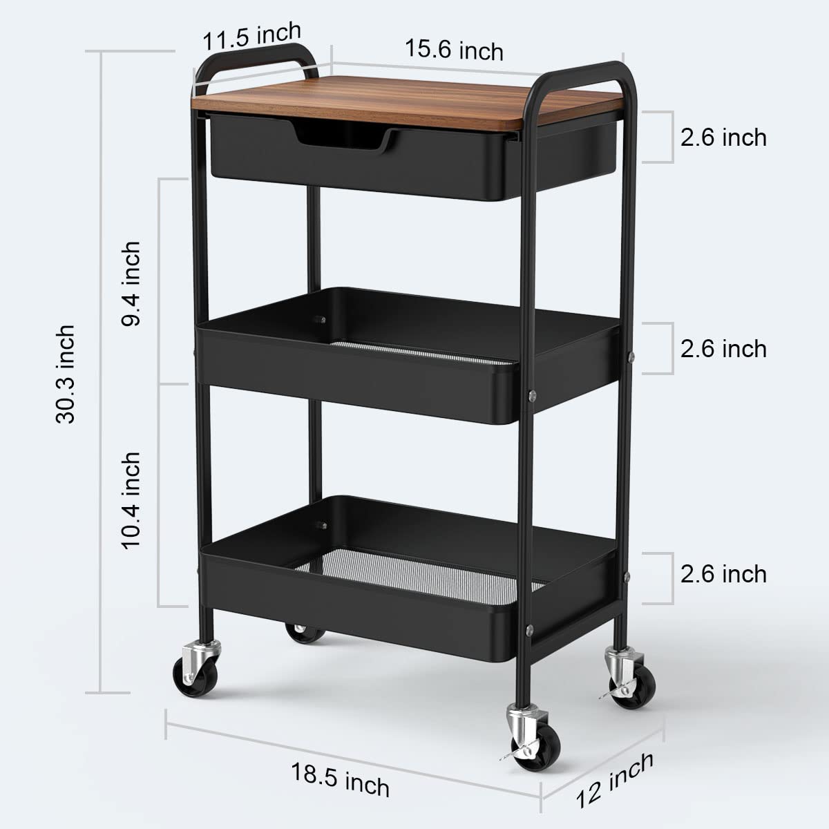 Aratan 3 Tier Rolling Cart with Drawer, Metal Utility Cart on Wheels Storage Cart with Wood Top, Kitchen Cart Art Cart Organizer for Bathroom Office Balcony Living Room - WoodArtSupply